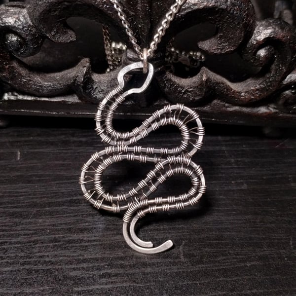 Silver wirewrapped snake pendant, goth necklace, whimsigoth, witchy