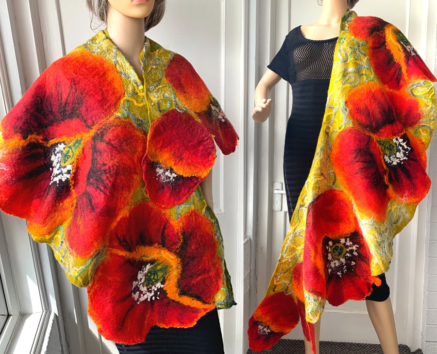 felted wool scarf ,shawl-poppy-