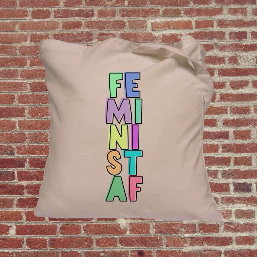 Feminist AF slogan with border, Independent woman feminist tote bag. Female empo