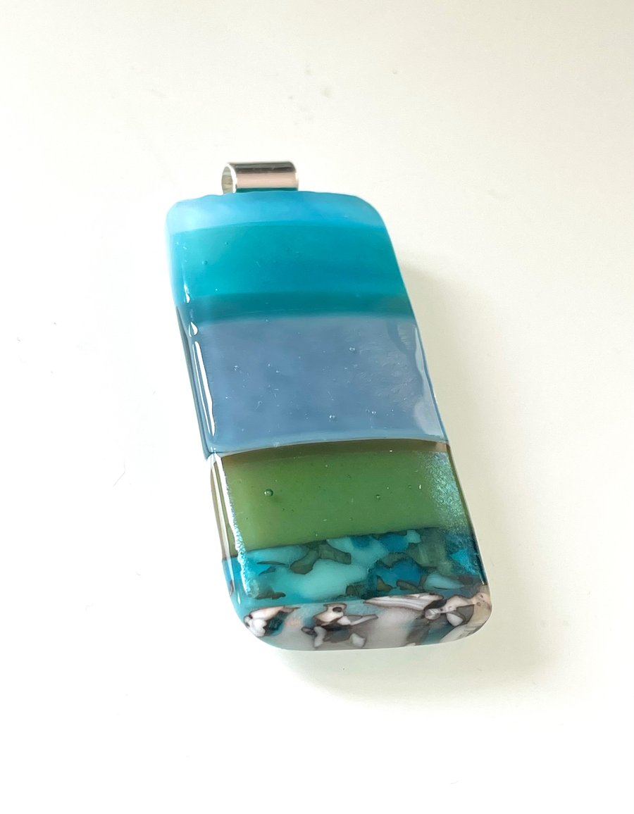 Blue Seascape glass & sterling silver pendant 
