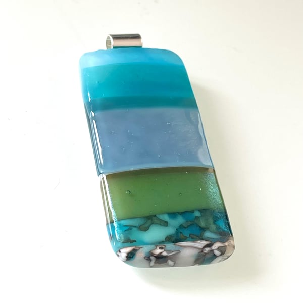 Blue Seascape glass & sterling silver pendant 