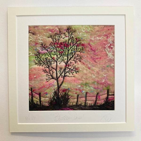 Tree silhouette with sunrise, original wet felting artwork.