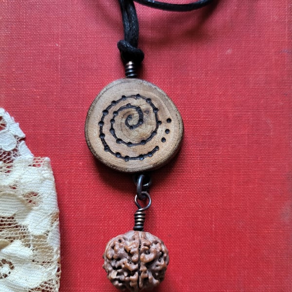 Wooden pendant with hanging Rudraksha seed, wood necklace, unisex pendant