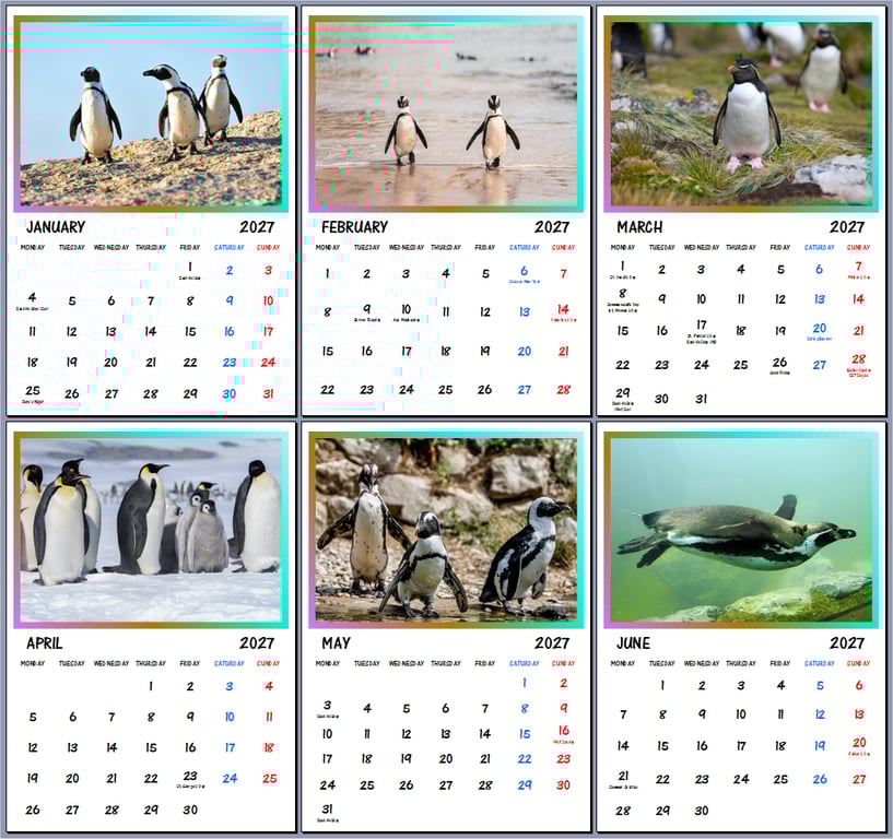 2027 Calendar Penguins A4 Page Per Month 