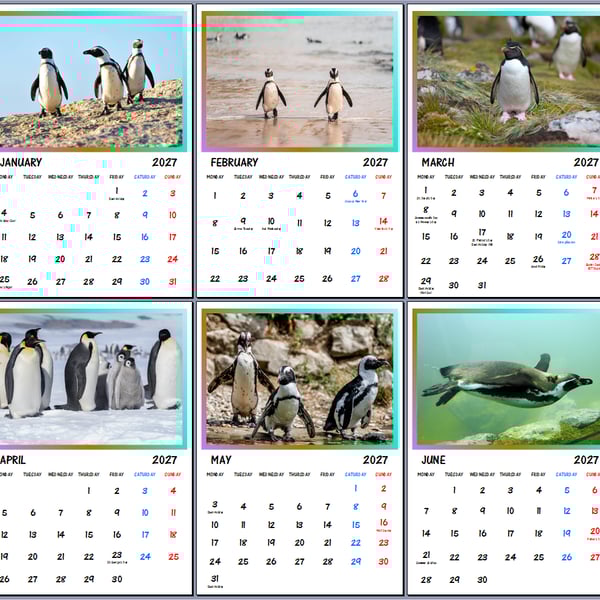 2027 Calendar Penguins A4 Page Per Month 