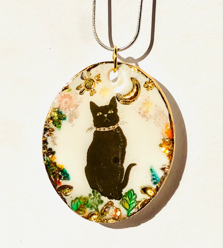 Black cat , good luck pendant, hand painted 