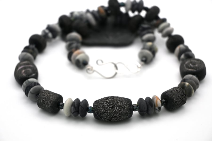 black lampwork glass beaded necklace with jasper
