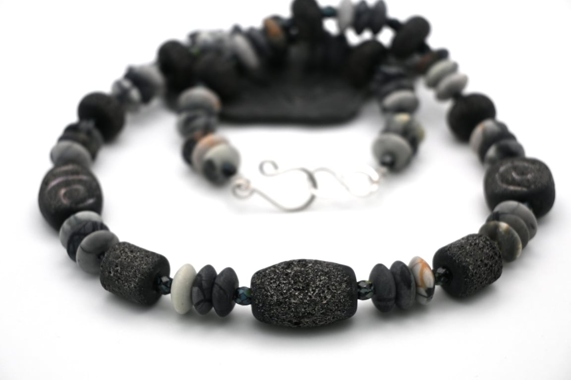 black lampwork glass beaded necklace with jasper