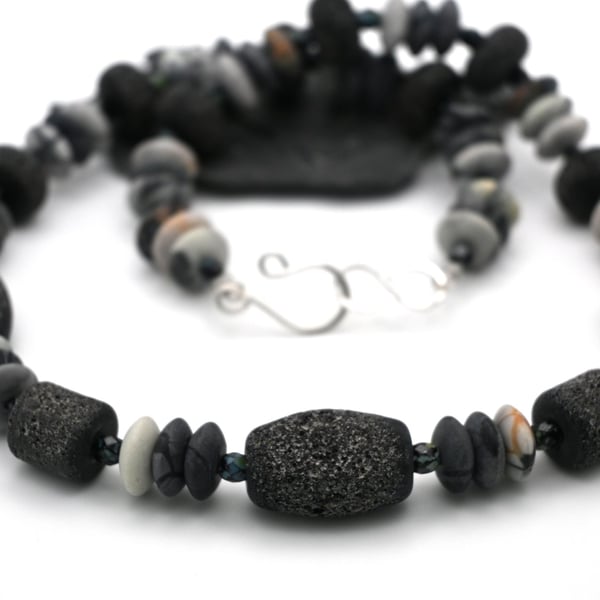 black lampwork glass beaded necklace with jasper