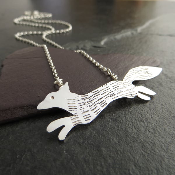 Sterling Silver Fox Pendant, Running Fox Necklace, Gift for nature lover