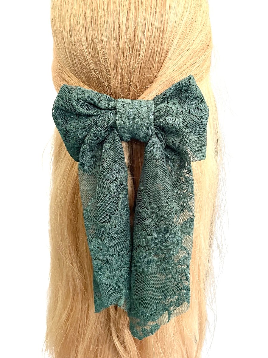 Green lace long tail hair bow French barrette clip for women