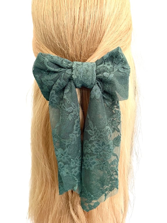 Green lace long tail hair bow French barrette clip for women