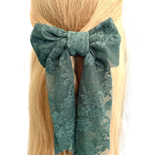 Green lace long tail hair bow French barrette clip for women