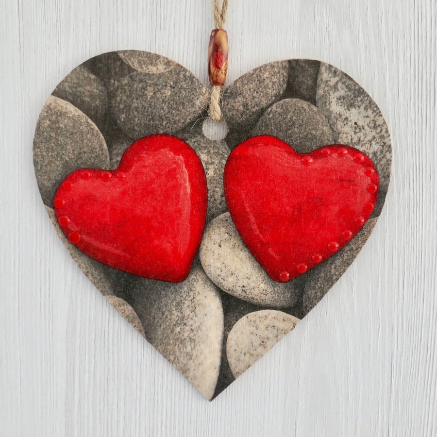 Decoupaged Wooden Hanging Heart: Heart Pebbles design 6” (15cm)