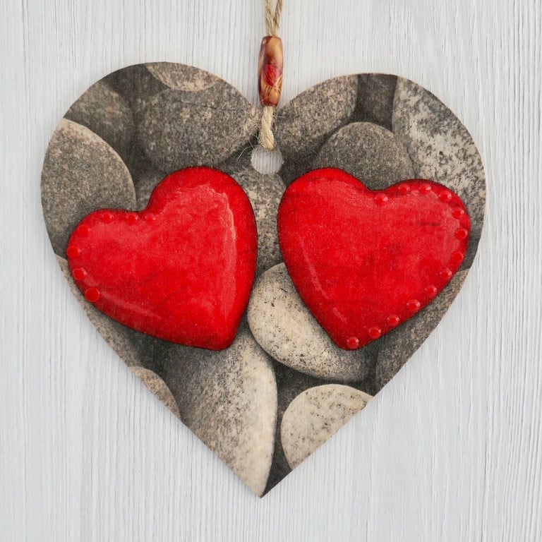 Decoupaged Wooden Hanging Heart: Heart Pebbles design 6” (15cm)