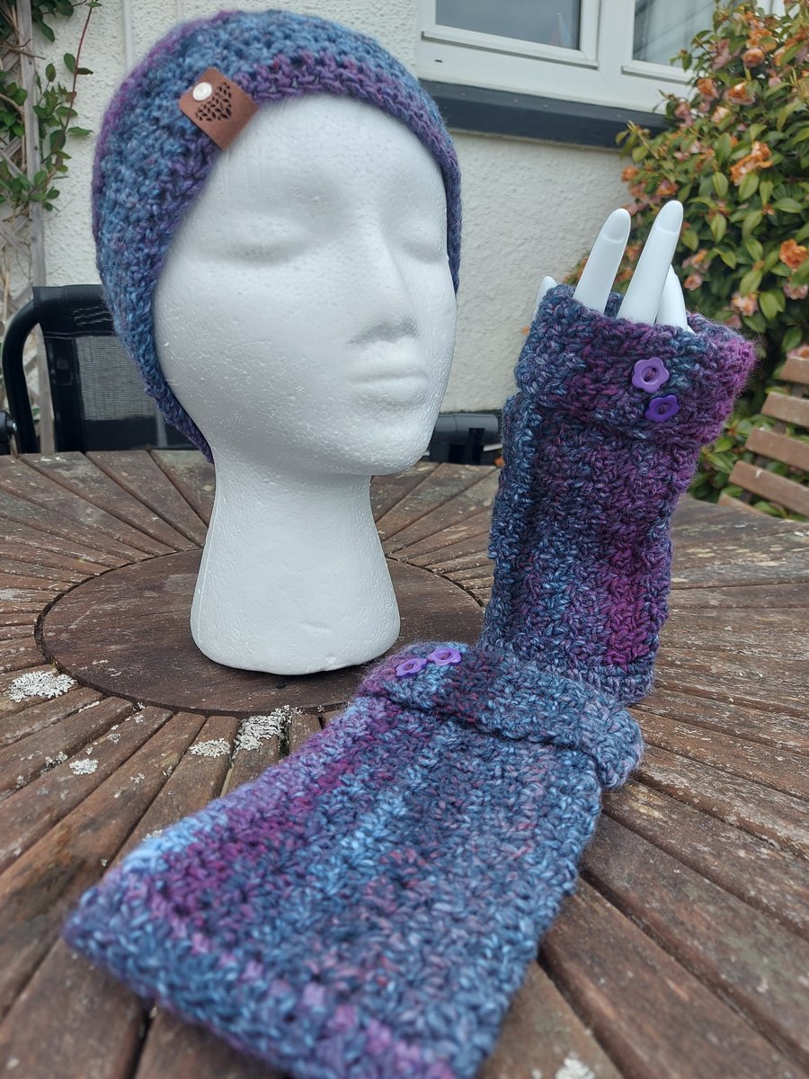 Crocheted Fingerless Gloves & Beanie Hat Set