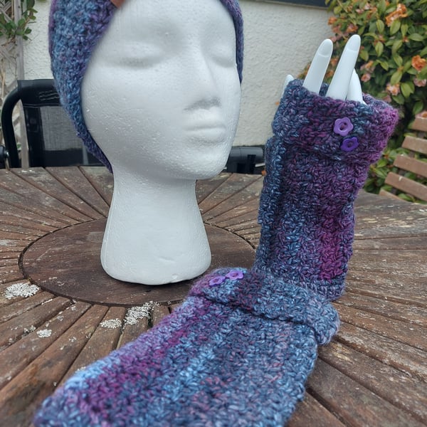 Crocheted Fingerless Gloves & Beanie Hat Set