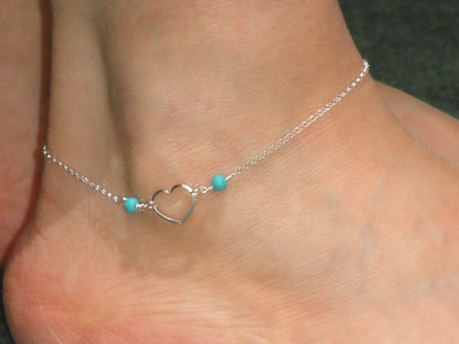 Sterling silver heart turquoise ankle bracelet