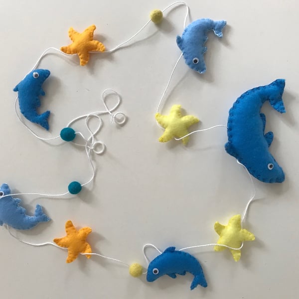 Dolphin Felt Garland, Handmade Sealife Wall Hanging, Baby Nursery Wall Decoratio