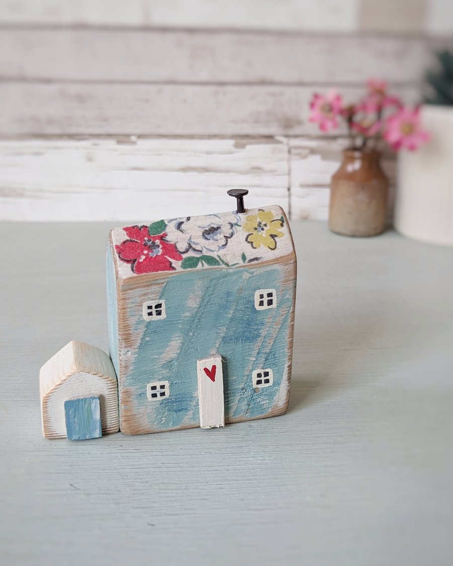 Little Handmade Painted Wooden House with Teeny Side Shed