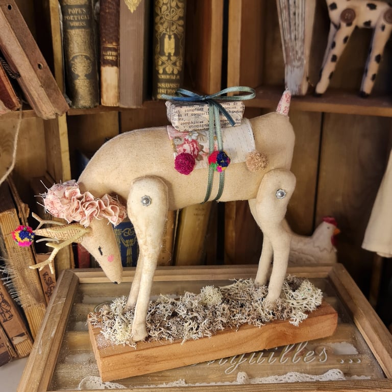 The Festive Forester handmade soft sculpture deer textile art.