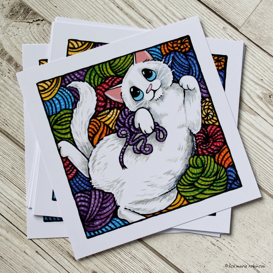 15 x 15cm White Cat with Colourful Wool Art Print