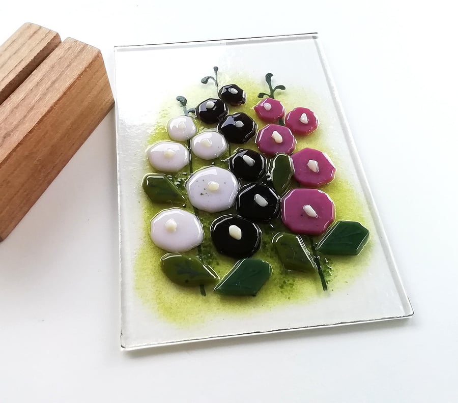 Fused Glass Hollyhock Art Panel: Freestanding Shelf Ornament