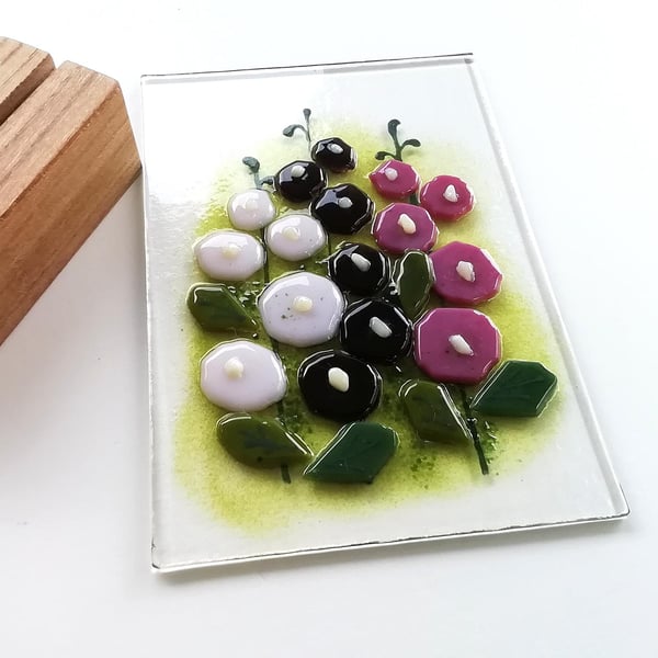 Fused Glass Hollyhock Art Panel: Freestanding Shelf Ornament
