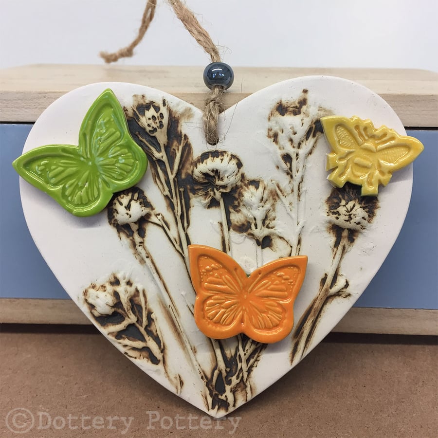 Ceramic heart with butterfly and bees pottery heart natural heart floral design