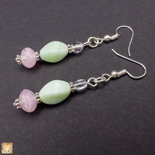 Handmade Glass Bead Earrings Rose Pink and Pale Green