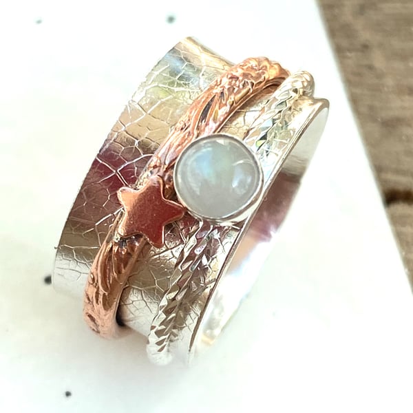 Silver Copper Spinning Ring - (made by artist maker) Moon Stars