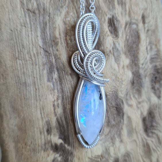 925 Silver & Natural Rainbow Moonstone Necklace Pendant Gift Crystal Jewellery