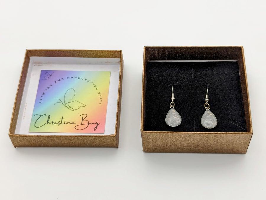 White Teardrop Dangle Earrings Silver Colour Resin Filled Jewellery Gift