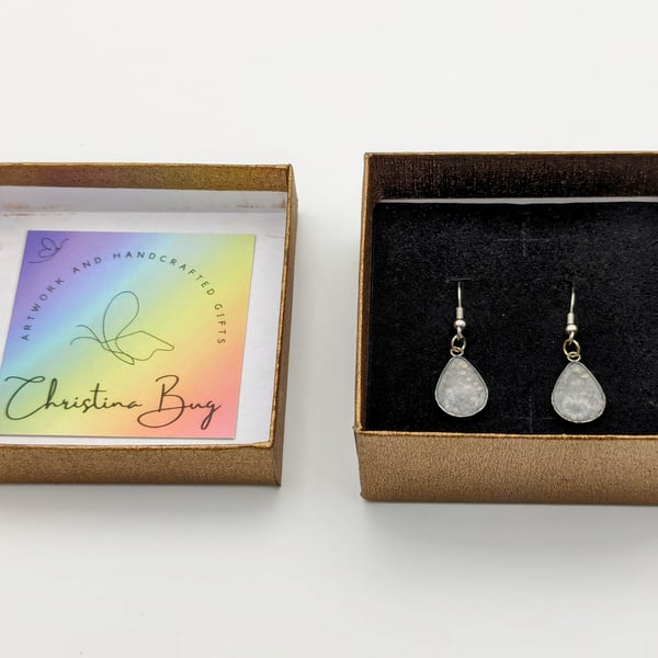 White Teardrop Dangle Earrings Silver Colour Resin Filled Jewellery Gift