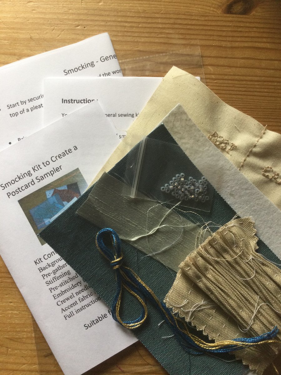 Beginners Smocking Kit to Create a Postcard Sampler, Blue and Beige