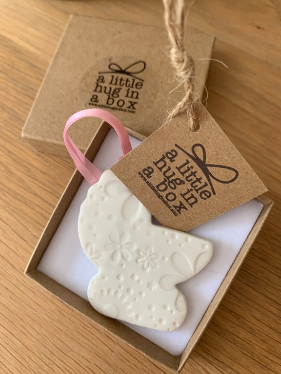 A little hug in a box porcelain embossed pink pram   