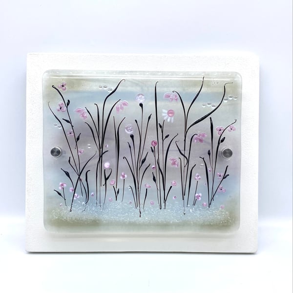 Delicate Glass Flower Meadow Picture in Pink, Grey & Black