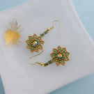 Green and Gold Beaded Sunflower Earrings