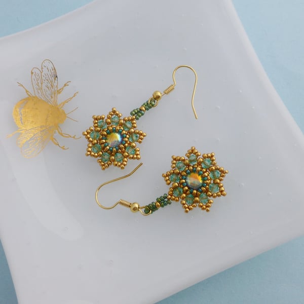 Green and Gold Beaded Sunflower Earrings