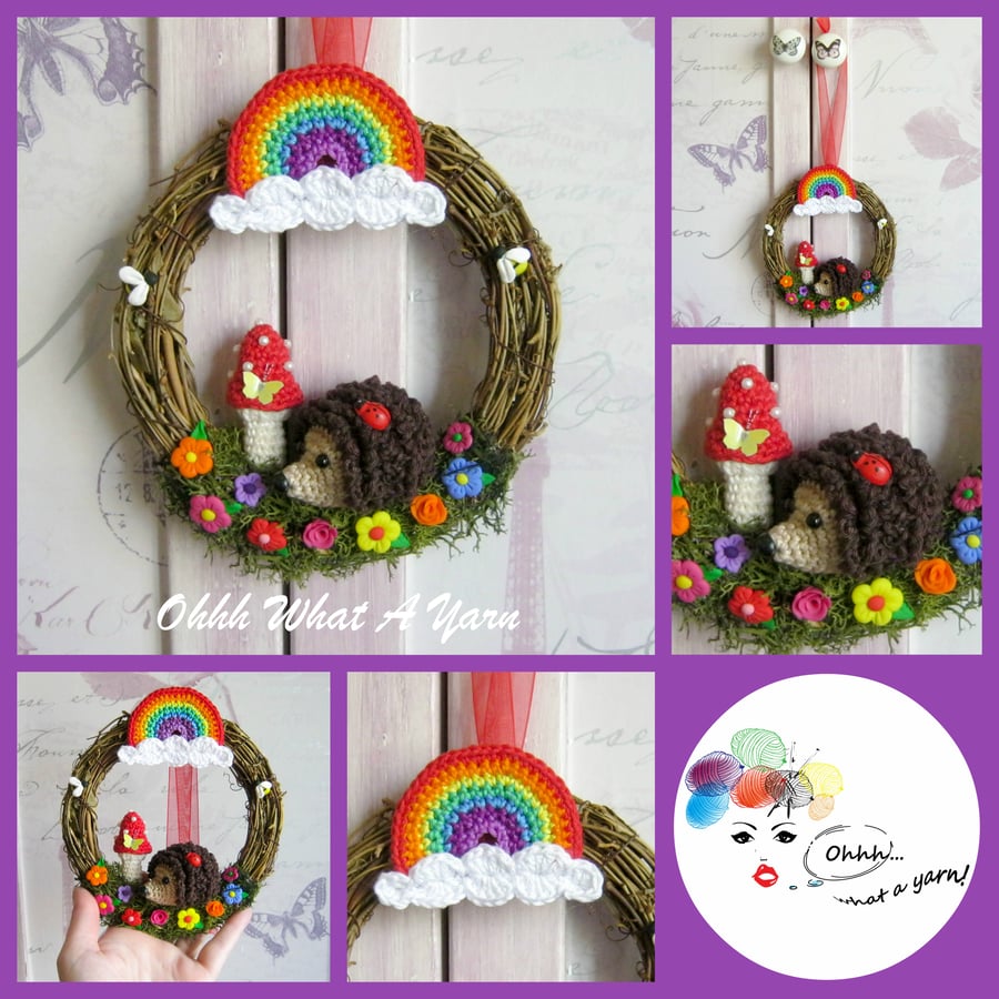 Crochet hedgehog, rainbow and floral wreath. Mixed media decorative wreath.