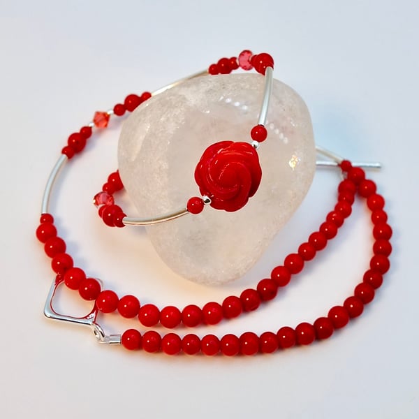 Bamboo Coral Necklace, Carved Rose & Sterling Silver, Birthday, Anniversary Gift