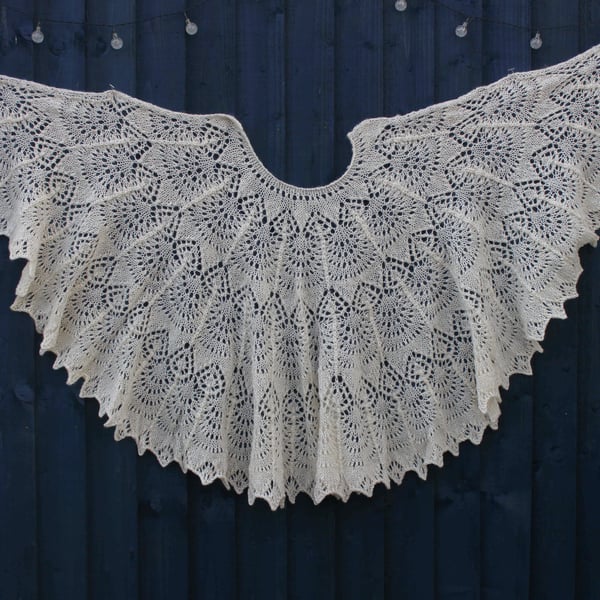 Natural undyed white pure Cotswold Lambs Wool knitted lace shawl - design S203