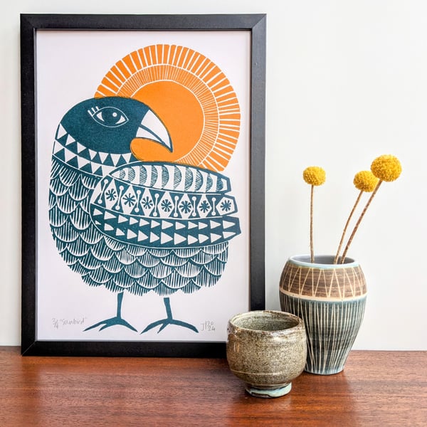 Sunbird in Teal - Original Lino Print