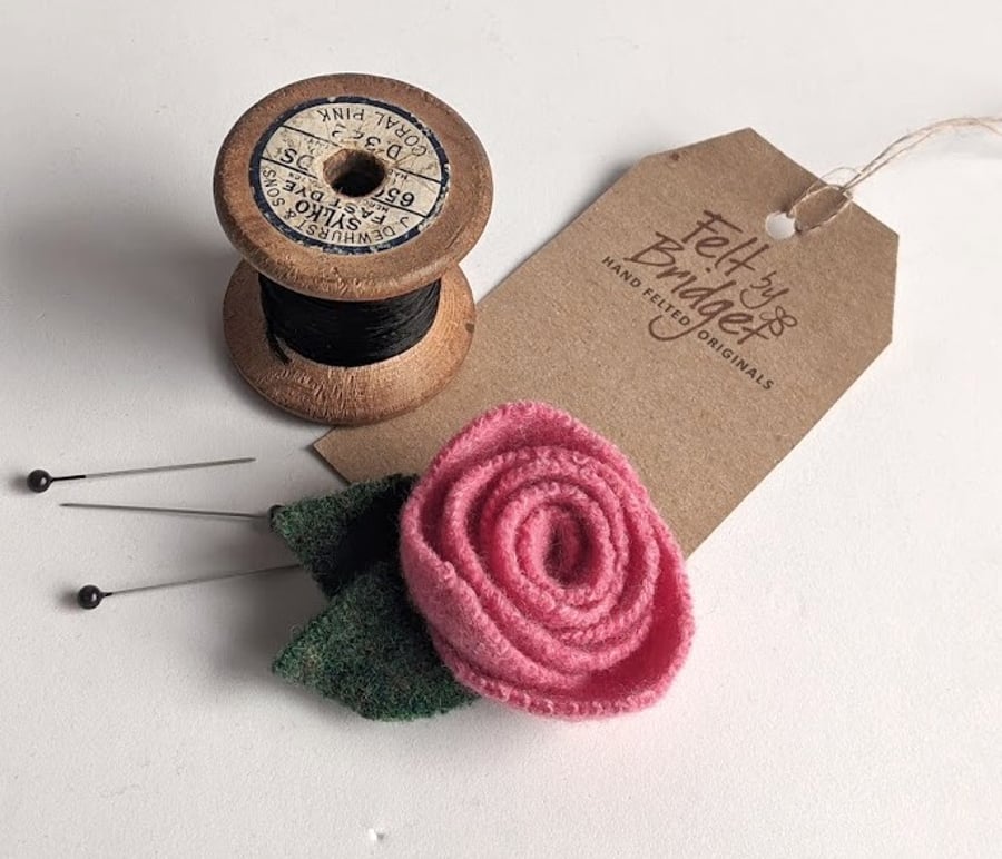Pink rose brooch: upcycled wool felt