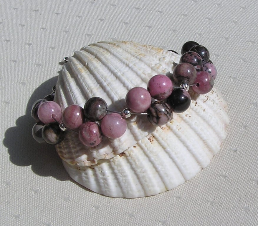Pink & Black Rhodonite Gemstone Crystal Chakra Bracelet "Tranquil Rose"