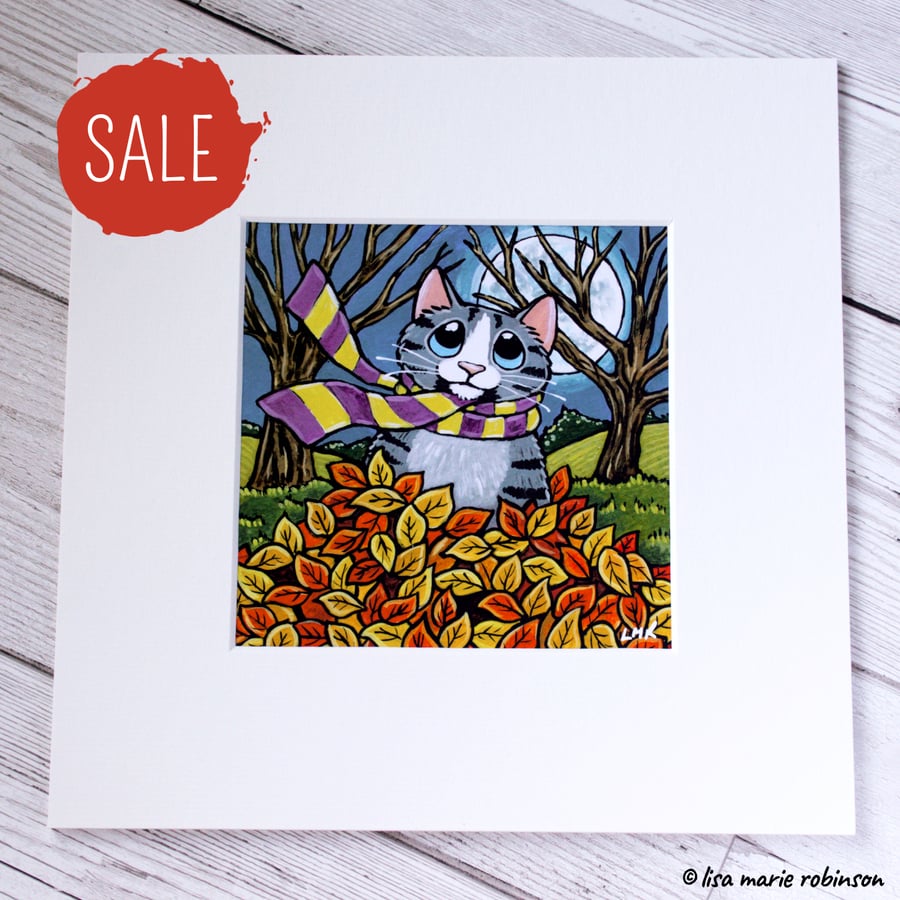 SALE - Tabby Cat with Autumn Leaves Mounted Print