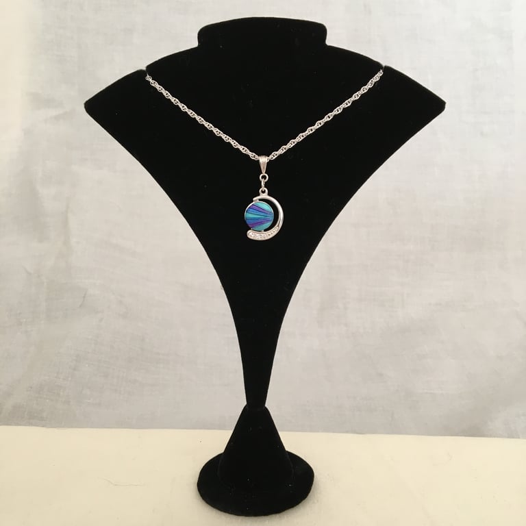 Lovely Little New Moon Shape Pendant Centred in Vivid Peacock Colours