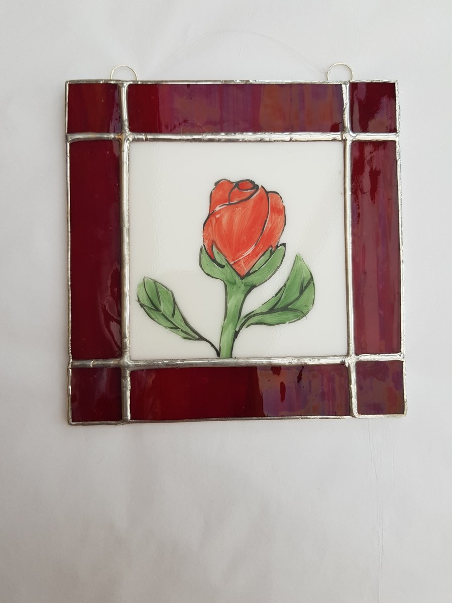 462 Stained Glass hand painted rose - handmade hanging decoration.