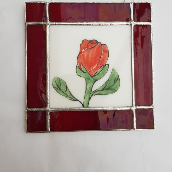 462 Stained Glass hand painted rose - handmade hanging decoration.