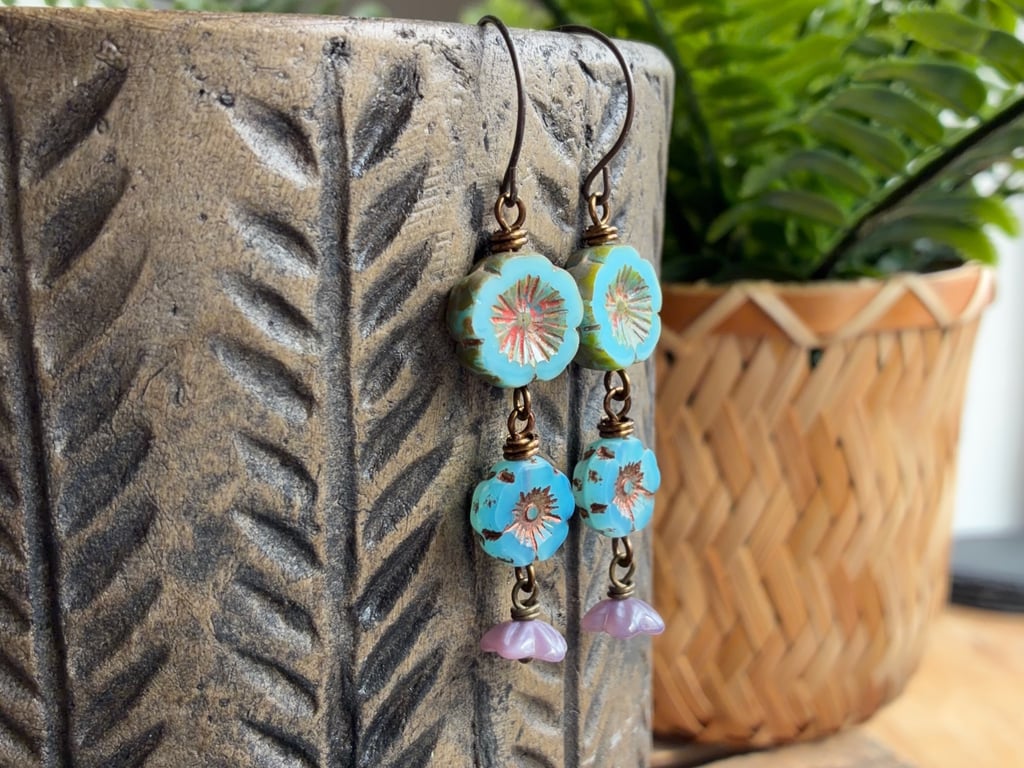 Turquoise, Blue and Lavender Czech Glass Flower Drop Earrings